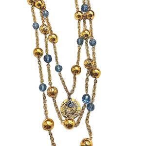 VNT Layered Necklace Gold Beads Light Blue Glass Tiered Multi Chains Cocktail
